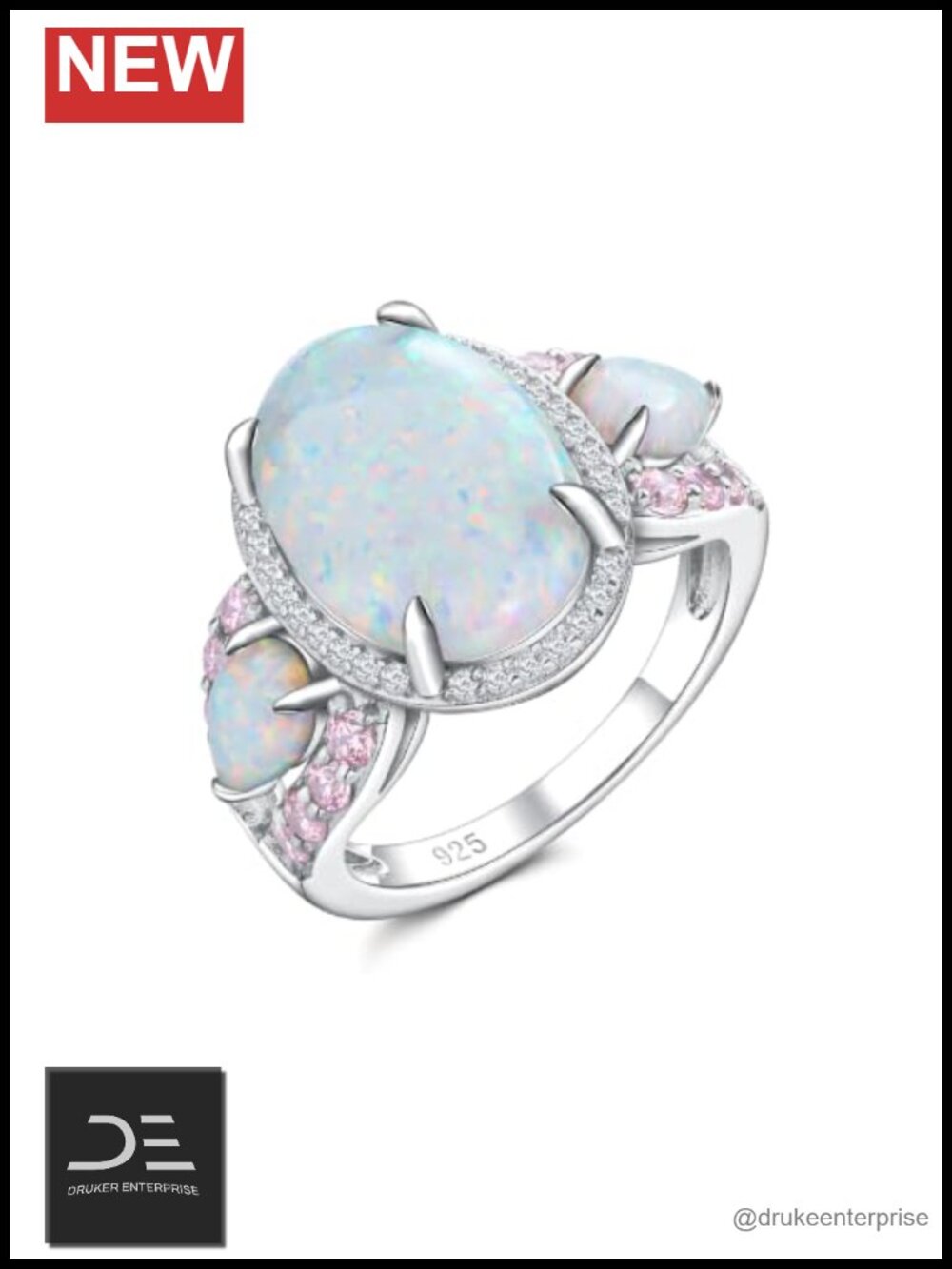 Sterling Silver Oval Opal Ring Size 8 Wedding Engagement Halo CZ